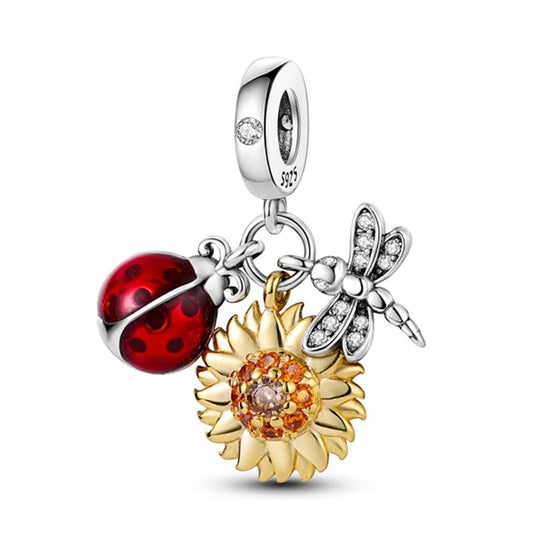 Serafinn Lady Bug Flower Silver Charm